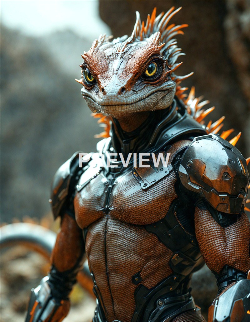 A humanoid lizard creature with detailed scales, spikes, and large eyes, wearing advanced metallic armor, set against a blurred outdoor background.